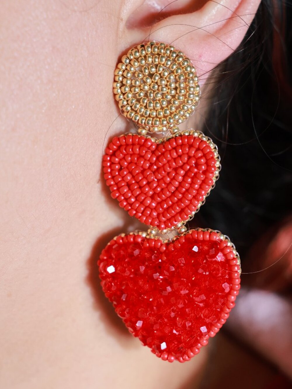 Artisan Handmade Drop Double Red Heart Gold Circle Earrings